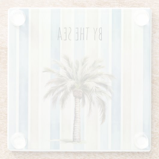 Blue Cream Stripes Tropical Palm Tree ガラスコースター (裏面)