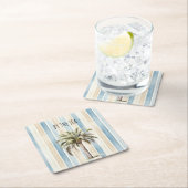 Blue Cream Stripes Tropical Palm Tree スクエアペーパーコースター (インサイチュ)