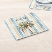 Blue Cream Stripes Tropical Palm Tree スクエアペーパーコースター (アングル)