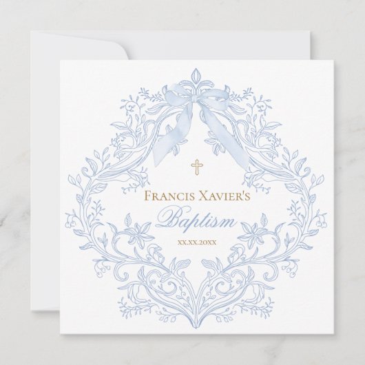  blue crest baby boy Baptism | small size 招待状 (正面)