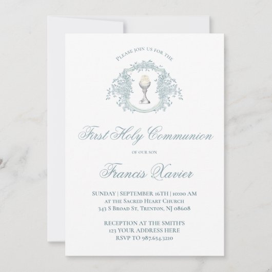 blue crest chalice | First Communion 招待状 (正面)