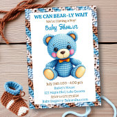 Blue Crocheted Teddy Bear Boy's Baby Shower 招待状
