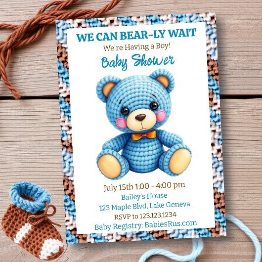 Blue Crocheted Teddy Bear Boy's Baby Shower 招待状