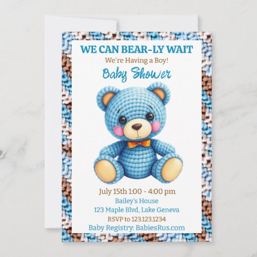 Blue Crocheted Teddy Bear Boy's Baby Shower 招待状 (正面)