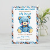 Blue Crocheted Teddy Bear Boy's Baby Shower 招待状 (スタンド正面)