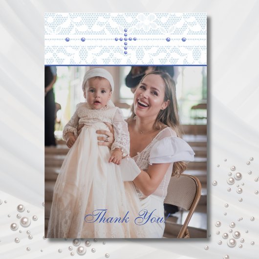 Blue Cross Christian Baptism Photo Thank You Card サンキューカード