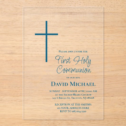 blue cross First Holy Communion boy アクリル招待状 (正面)