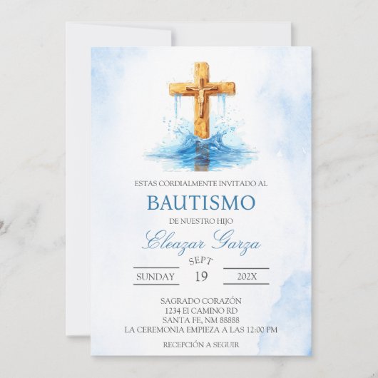 Blue Crucifix  baptism in spanish Invitation 招待状 (正面)