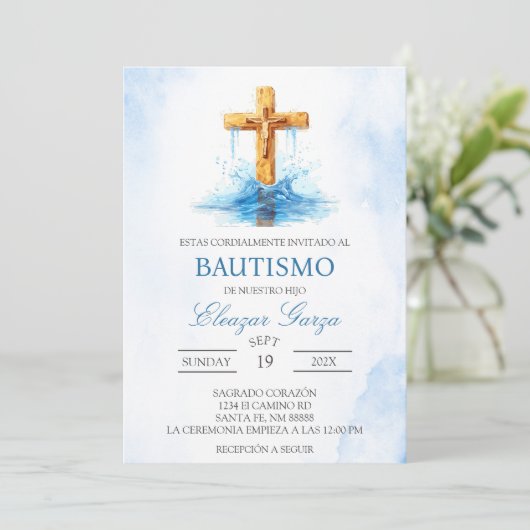 Blue Crucifix  baptism in spanish Invitation 招待状 (スタンド正面)