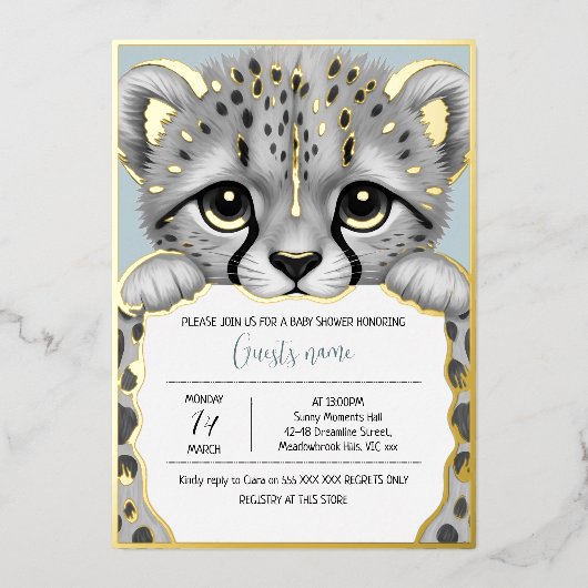 Blue Cub Baby Shower 箔招待状 (正面)