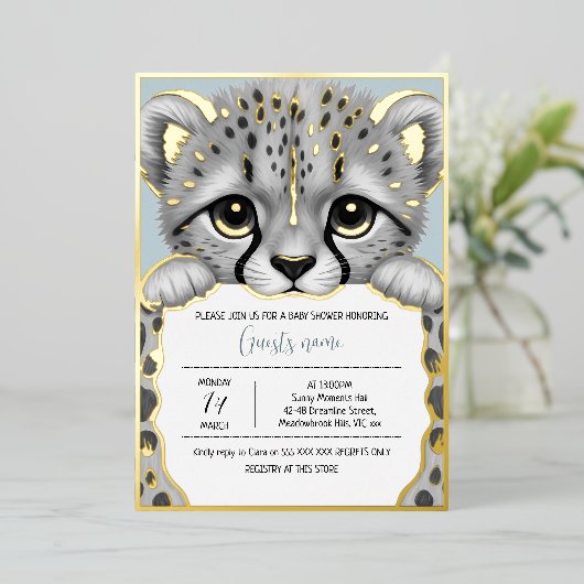 Blue Cub Baby Shower 箔招待状 (立ち正面)