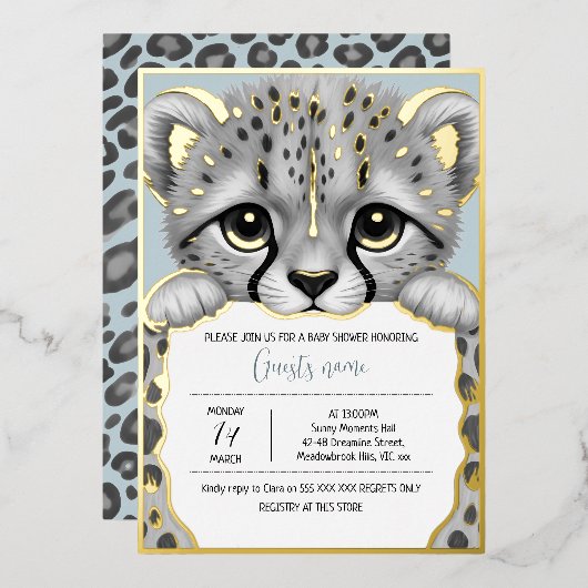 Blue Cub Baby Shower 箔招待状 (正面/裏面)