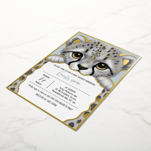 Blue Cub Baby Shower 箔招待状 (回転した状態)