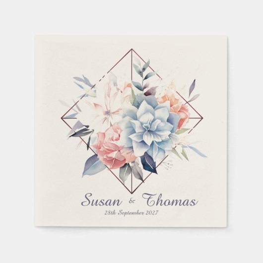 Blue Cube-Flower-2: Personalized Wedding Napkins スタンダードカクテルナプキン (正面)