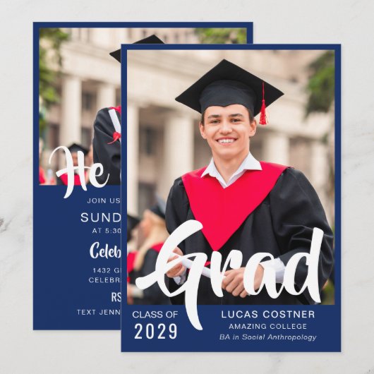Blue Custom Graduation Announcement & Party Invite 招待状 (正面/裏面)