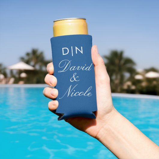 Blue Custom Text Can Cooler Personalized Sleeve スリム缶クーラー (インサイチュ プール)