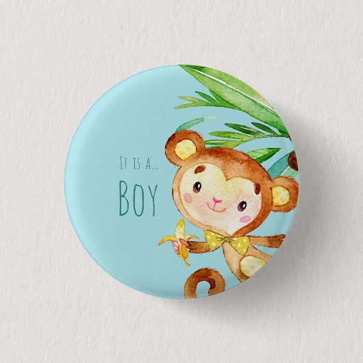 Blue Cute Monkey Baby Boy Announcement 2 缶バッジ (正面)