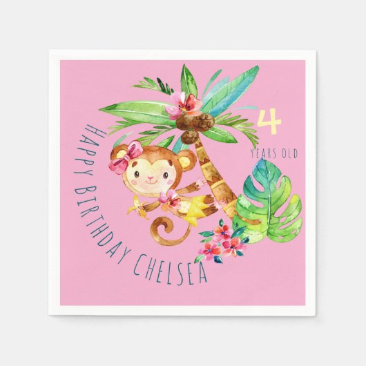 Blue Cute Monkey Personalized Happy Birthday スタンダードカクテルナプキン (正面)