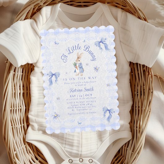Blue Cute Rabbit Gingham lace Baby Shower 招待状