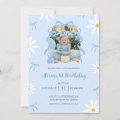 Blue Daisy Coquette Girl 1st Birthday with photo 招待状 (正面)