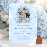 Blue Daisy Coquette Girl 1st Birthday with photo 招待状<br><div class="desc">Blue Daisy Coquette Bow Girl 1st Birthday Invitation,  Girl First Birthday With Photo Invite,  Editable Kids Birthday Party</div>