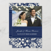 Blue Damaskフォトたった今結婚しました発表カード 案内状 (正面/裏面)