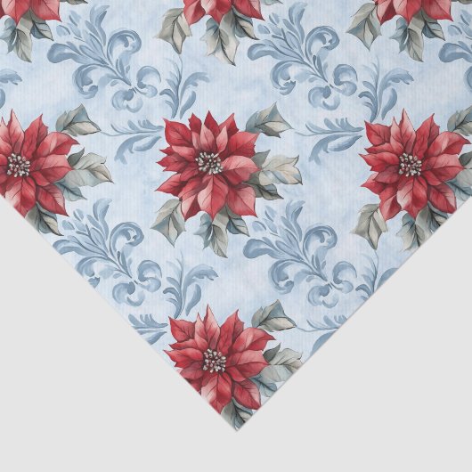Blue Damask Pattern with Red Poinsettia Flowers 薄葉紙 (詳細)