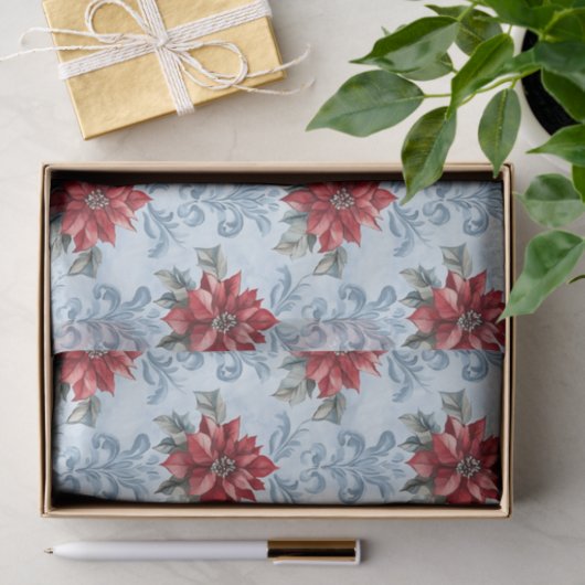 Blue Damask Pattern with Red Poinsettia Flowers 薄葉紙 (ギフト)