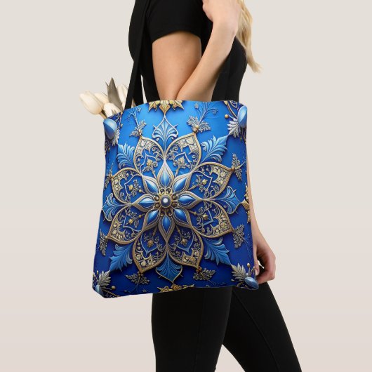 Blue Decorative Christmas Holiday Tote Bag トートバッグ (クローズアップ)