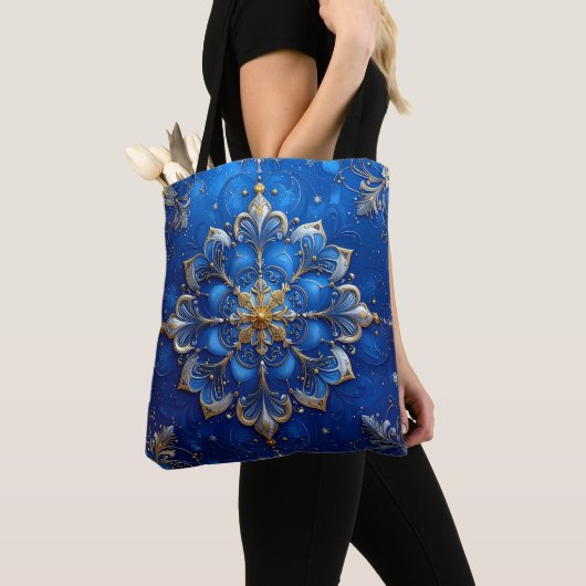 Blue Decorative Christmas Holiday Tote Bag トートバッグ (クローズアップ)