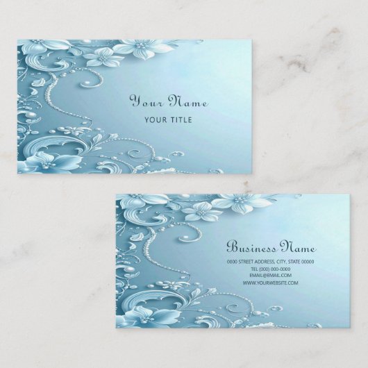 Blue Decorative Floral Business Card 名刺 (正面/裏面)