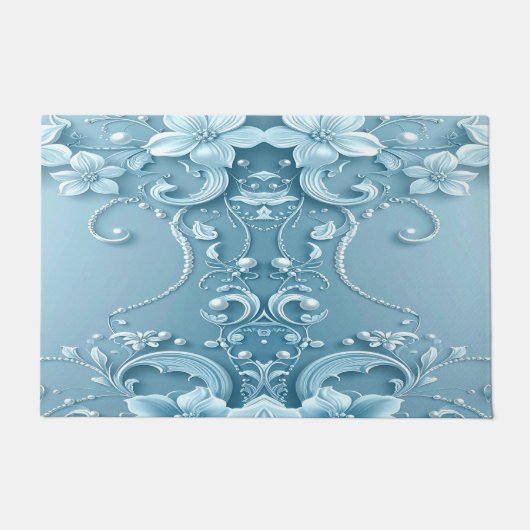Blue Decorative Floral Doormat ドアマット (正面)