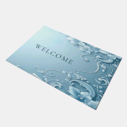 Blue Decorative Floral Doormat ドアマット (アングル)