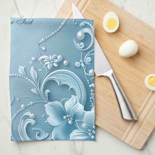 Blue Decorative Floral Kitchen Towel キッチンタオル (四つ折り)