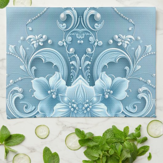 Blue Decorative Floral Kitchen Towel キッチンタオル (折り畳み)