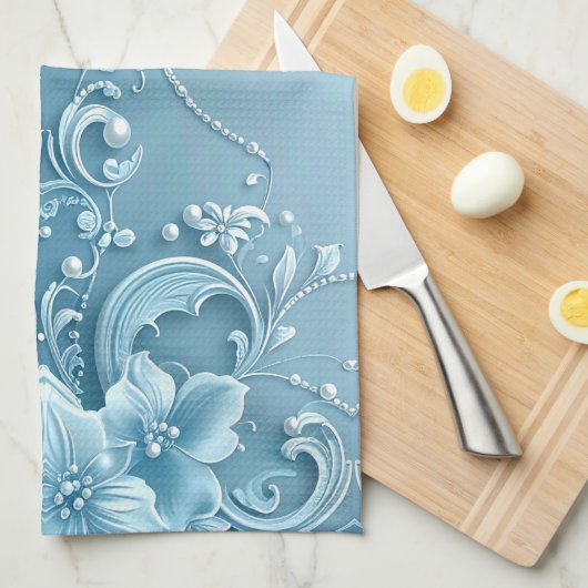 Blue Decorative Floral Kitchen Towel キッチンタオル (四つ折り)