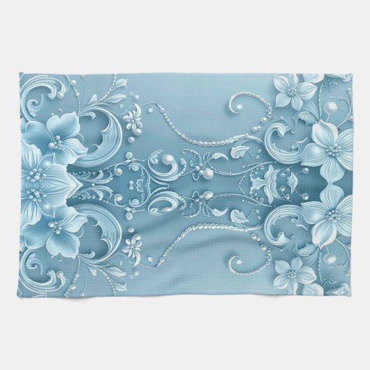 Blue Decorative Floral Kitchen Towel キッチンタオル (横)