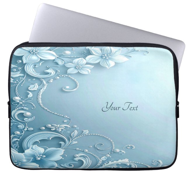 Blue Decorative Floral Laptop Sleeve ラップトップスリーブ (正面)