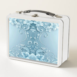 Blue Decorative Floral Lunchbox メタルランチボックス