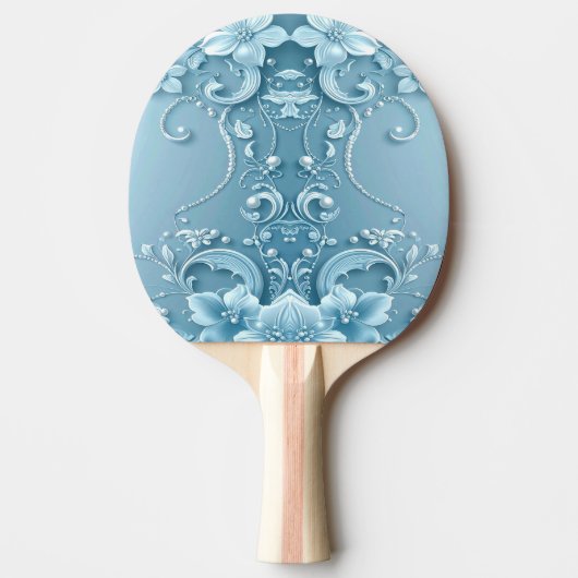 Blue Decorative Floral Ping Pong Paddle 卓球ラケット (正面)