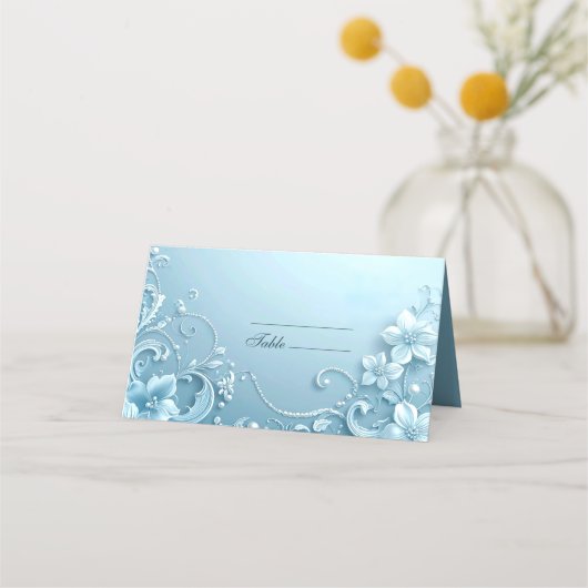 Blue Decorative Floral Place Card プレイスカード (正面)