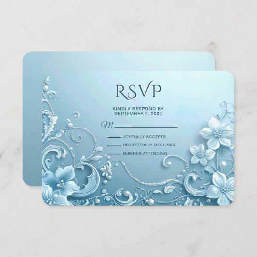 Blue Decorative Floral RSVP Card (正面/裏面)