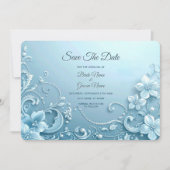 Blue Decorative Floral Save The Date セーブザデート (正面)