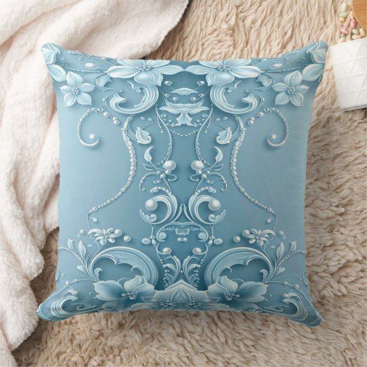 Blue Decorative Floral Throw Pillow クッション (ブランケット)