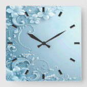 Blue Decorative Floral Wall Clock スクエア壁時計 (正面)