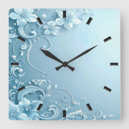 Blue Decorative Floral Wall Clock スクエア壁時計