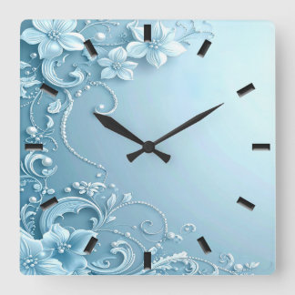 Blue Decorative Floral Wall Clock スクエア壁時計