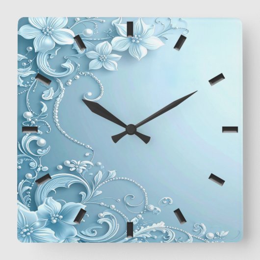Blue Decorative Floral Wall Clock スクエア壁時計 (正面)