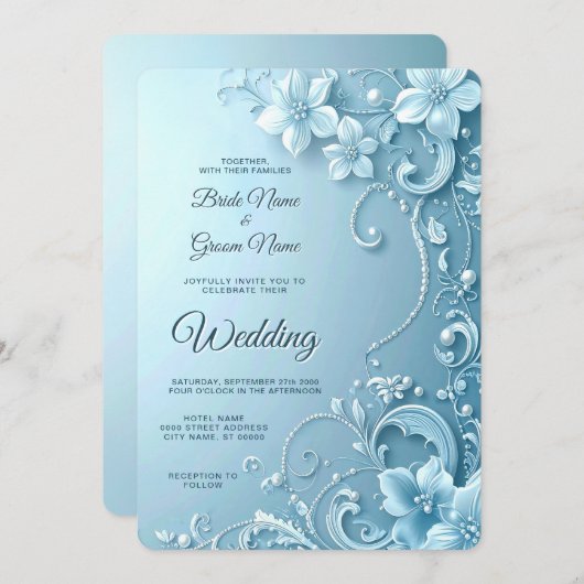 Blue Decorative Floral Wedding Invitation 招待状 (正面/裏面)
