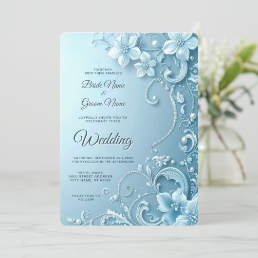 Blue Decorative Floral Wedding Invitation 招待状 (スタンド正面)